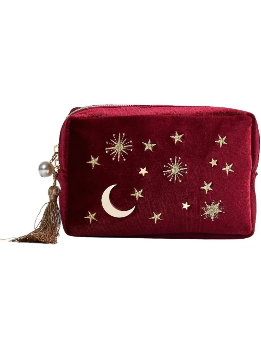 Wine Red Velvet Cosmetic Bag with Moon & Stars, Tassels & Pearl Zipper - Travel